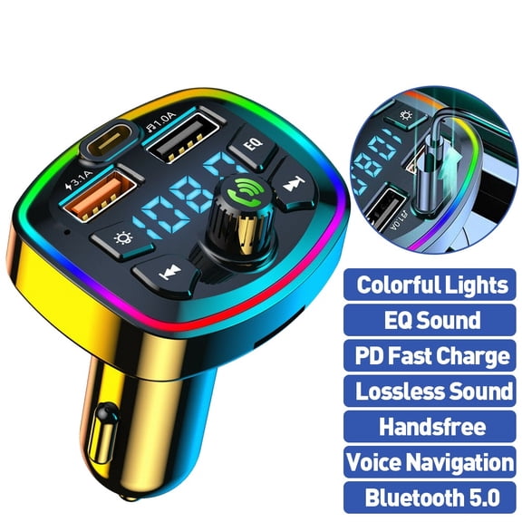PEPWELL Bluetooth 5.0 Car FM Transmitter - USB PD 3.1A Fast Charger, Hands-Free Calling, 7-Color RGB Backlight, MP3 Player with Memory Playback