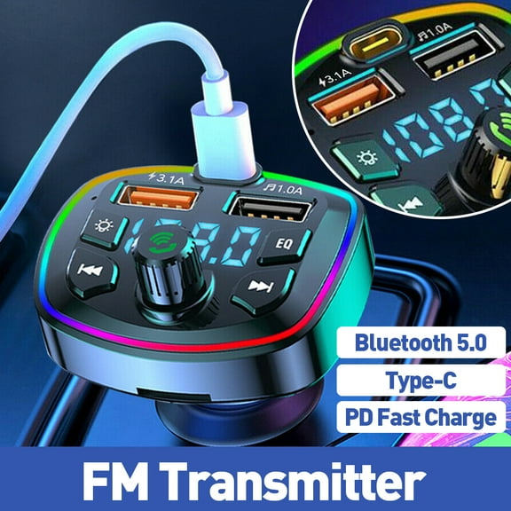 PEPWELL Bluetooth 5.0 Car FM Transmitter with Hands-Free Calling - USB PD 3.1A Fast Charger, CVC Noise Reduction, RGB Backlight & MP3 Player