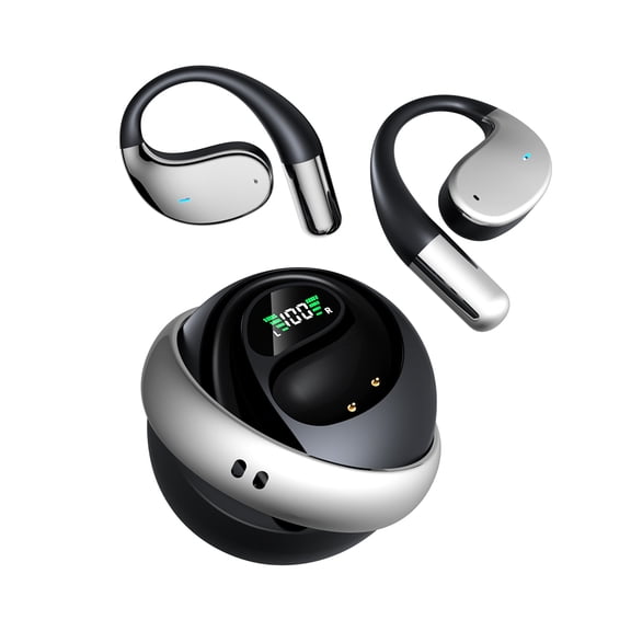 PEPWELL Bluetooth 5.4 Open-Ear OWS Earphones with Cool Gyro Charging Case, Non-In-Ear Earhook Sports Headphones for HiFi Heavy Bass & 60H Battery Life, LED Power Display with Mic