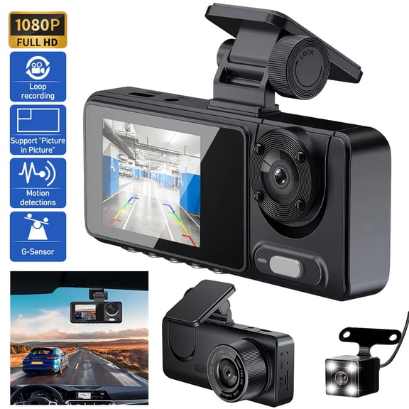 PEPWELL Car DVR 3 Lens Dash Cam 1080P - Front/Inside/Rear Recording, Picture in Picture, Reversing View, G-Sensor Lock, Loop Recording & 2'' HD Display