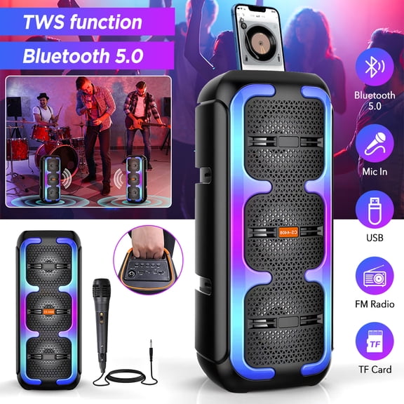 PEPWELL Handheld Bluetooth 5.0 Speaker with Mic - Dual 4-inch Bass, 7 RGB Lights, TWS Stereo, USB/TF/FM, Portable for Backyard/Parties/Gatherings/Karaoke