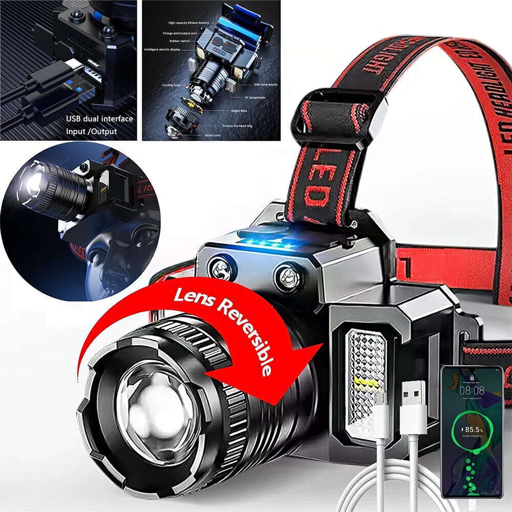 PEPWELL IPX4 Waterproof Motion Sensor Headlamp - Rechargeable, Red/White/Blue 5 Lighting Modes, 360° Rotate Zoom, Power Bank, for Camping/Running/Hiking/Fishing/DIY Projects