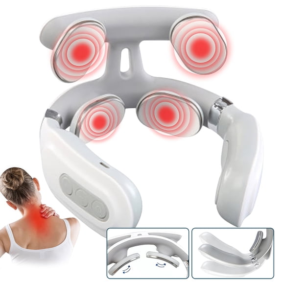 PEPWELL Neck Massager for Neck Pain - Portable 4 Massage Heads Electric Neck Massager with 6 Modes 16 Intensity Levels & Heat Therapy, USB Rechargeable for Home Office Travel (With Voice)