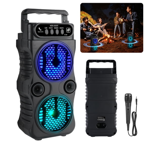 PEPWELL Outdoor Multi-Functional Bluetooth Speaker - Dual 3 Inches, 2x3W, RGB Lights, TWS, Included Wired Mic, USB/TF/FM, Ergonomic Design, for Party/Karaoke/Outdoor