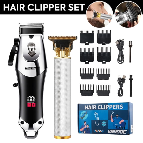 PEPWELL Professional 2-Piece Cordless Hair Clipper - Men's Grooming Kit with LED Display, 8 Guide Combs, Washable, USB Charge 150/90min Runtime for Barber Shop/Home Use
