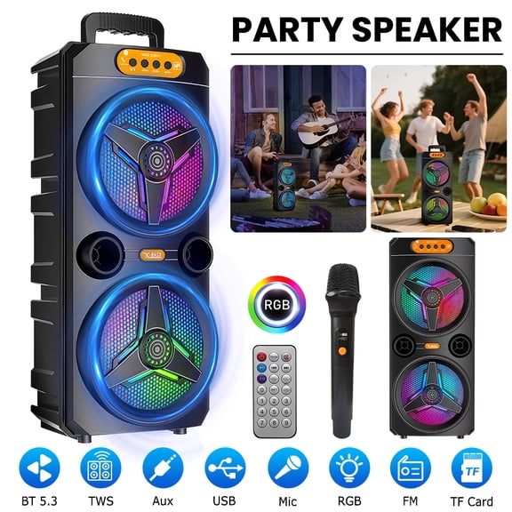 PEPWELL RGB Party Portable Bluetooth Speaker with Wireless Mic, Dual 6.5" Subwoofer, TWS Stereo Pairing, Bluetooth 5.3, FM Radio/USB/TF/AUX for Indoor & Outdoor Events
