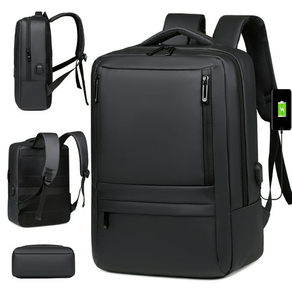 PEPWELL Travel 15.6 Inch Laptop Backpack, PU Backpacks, Business Sturdy Laptops Backpack with USB Charging Port, Water Resistant Computer Bag Fits 15.6 Inch Notebook, Black