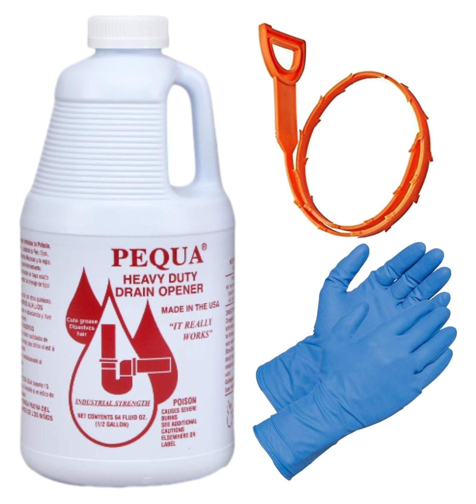 PEQUA Heavy Duty Drain Opener KIT 64 Ounce Clog Remover, Gloves, Pipe