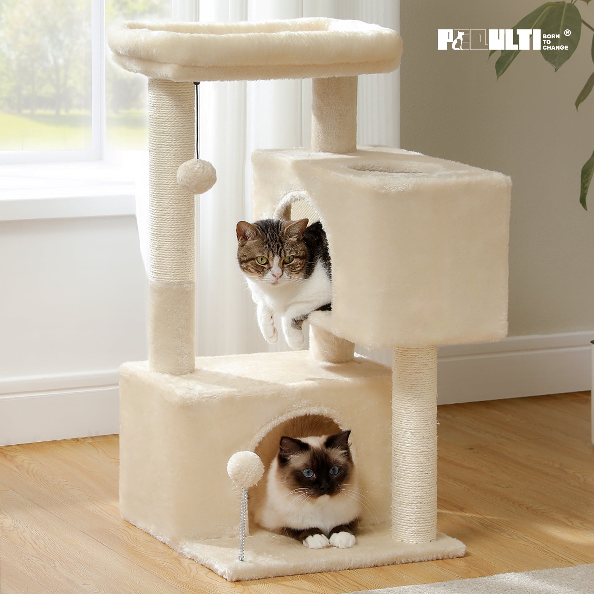 PEQULTI 31.5" Modern Cat Tree Tower with Dual Large Condos for Kitten ＆ Medium Size Cat Beige
