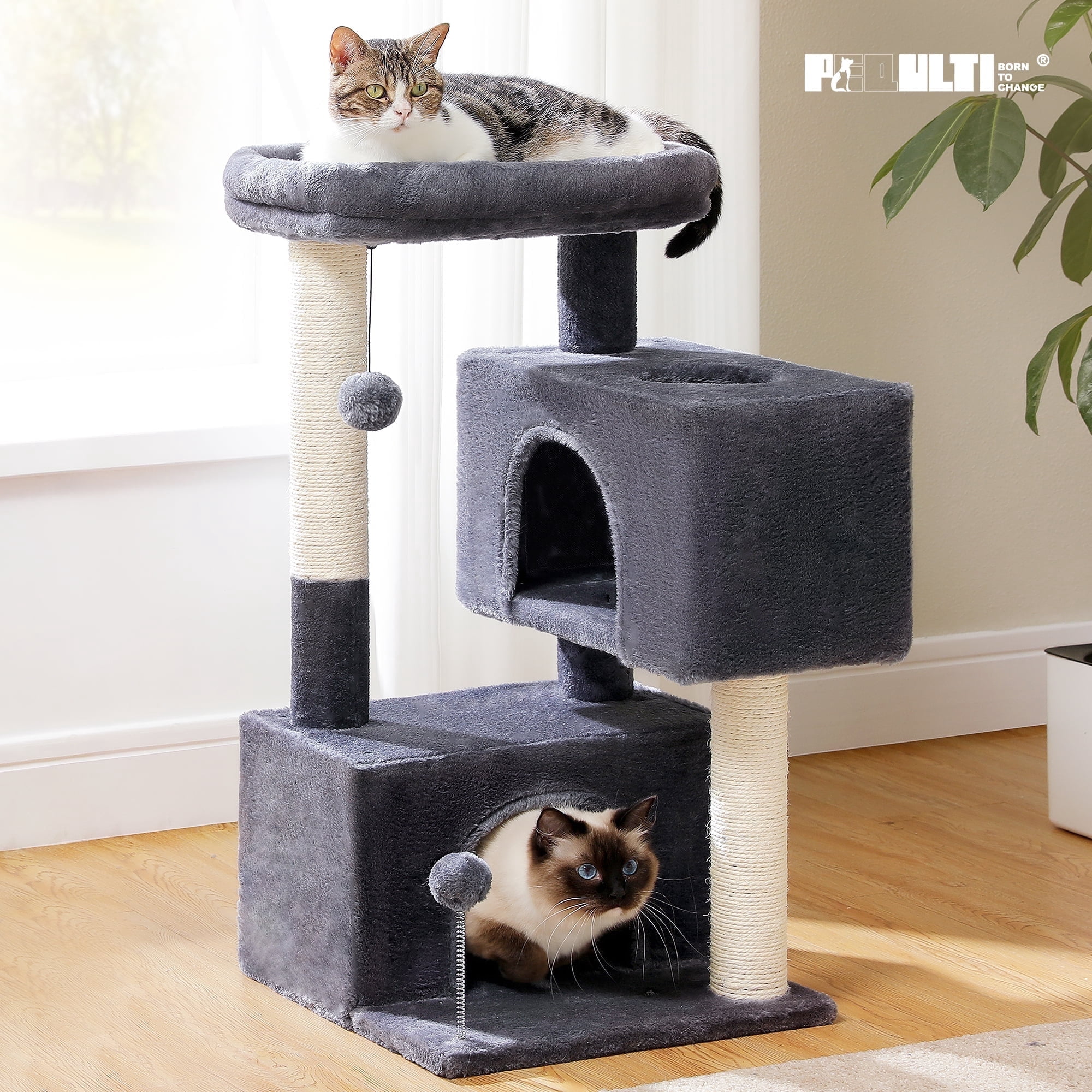 PEQULTI 31.5" Modern Cat Tree Tower with Dual Large Condos for Kitten ＆ Medium Size Cat Dark Gray