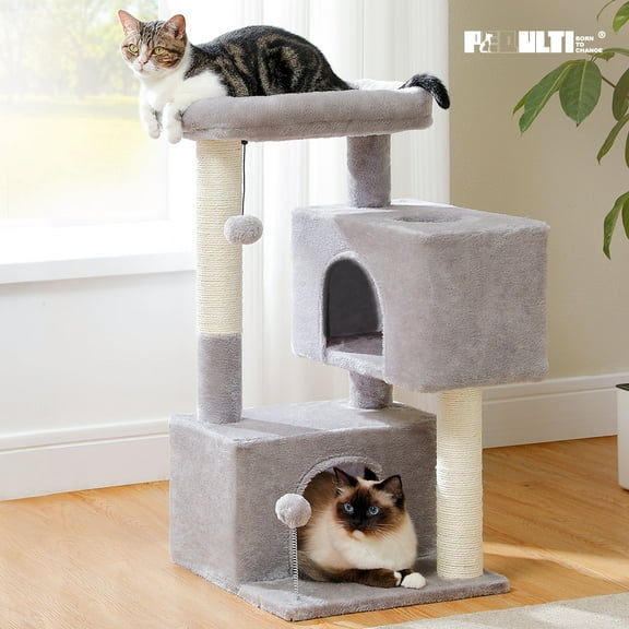 PEQULTI 31.5" Modern Cat Tree Tower with Dual Large Condos for Kitten ＆ Medium Size Cat Light Gray