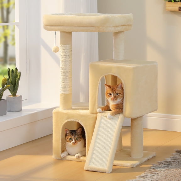 PEQULTI 34" Multilevel Cat Tree with 2 bid Cat Condos and Sisal Posts for Kittens Indoor Use, Beige