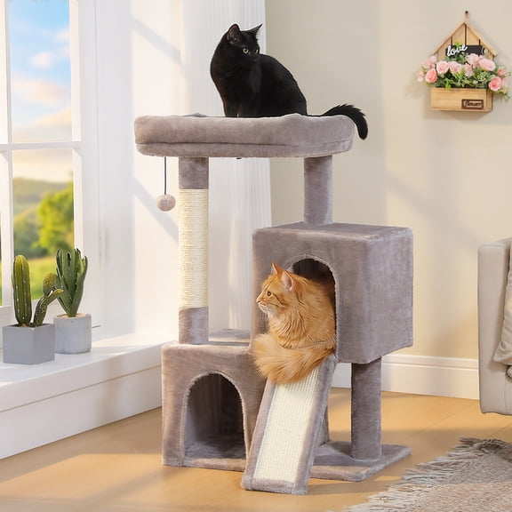 PEQULTI 34" Multilevel Cat Tree with 2 bid Cat Condos and Sisal Posts for Kittens Indoor Use, Gray
