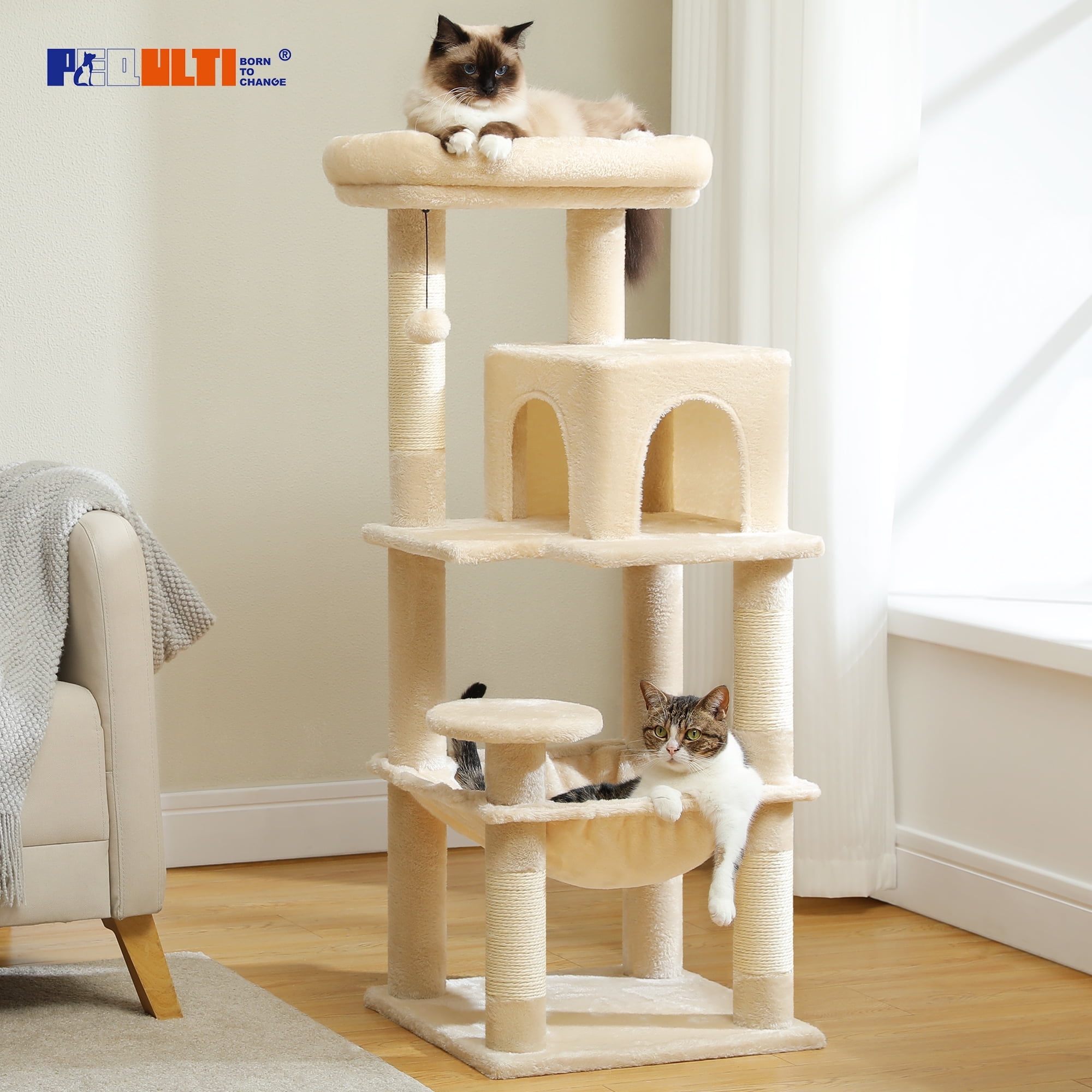 PEQULTI 45.7" Multi-Level Cat Tree Large Cat Tower Indoor with Condo and Hommock Dark Beige
