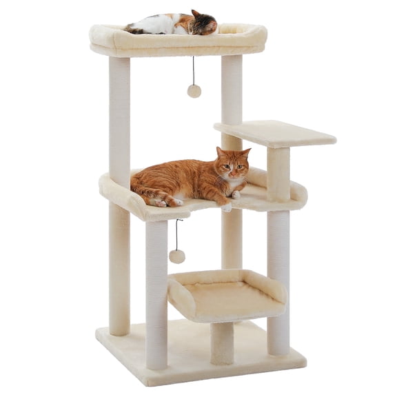 PEQULTI 45" Plush Multi-Tier Cat Tree with Large Perch, Cat tower for Multi-cat Households, Beige