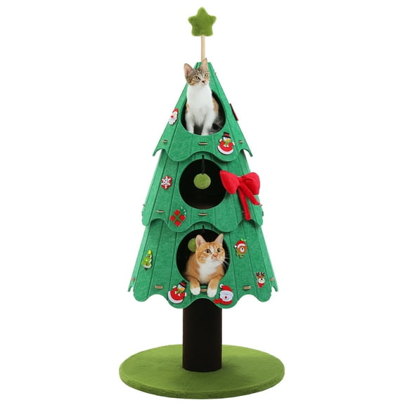 PEQULTI 46" Christmas Cat Tree Modern Cat tower with 3 Pompoms and 3 condos for Indoor Cats Green
