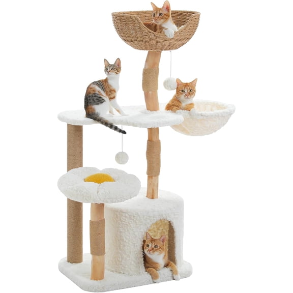 PEQULTI 48.5'' Modern Cat Tree Solid Wood Cat Tower for Indoor Cats with Luxury Cat Condo, Cozy Hammock, Scratching Post, Rattan Perch and Flower Cat Bed for Large Cats Adult, White