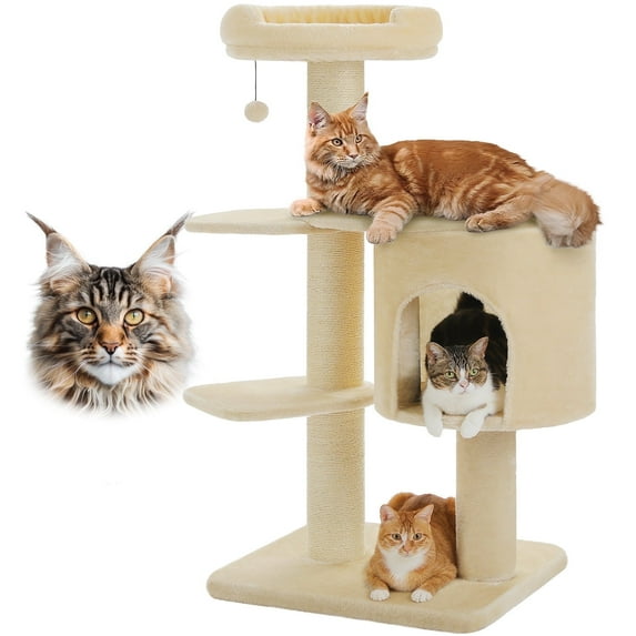 PEQULTI 50" Flower Cat Tree for Cats Indoor 4.1" Thick Scratching Post with 2-Layer Baseboard Beige
