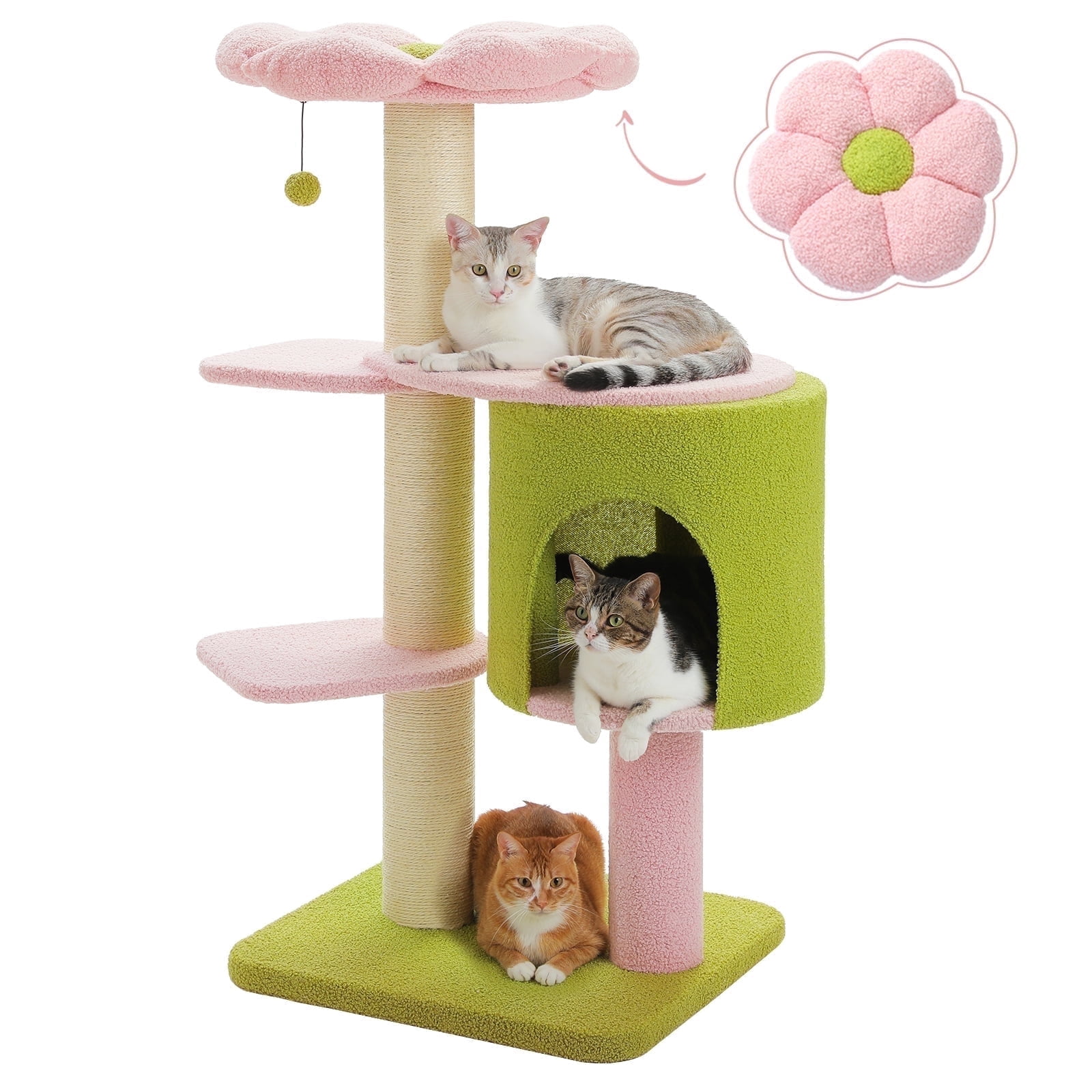 PEQULTI 50" Flower Cat Tree for Cats Indoor 4.1" Thick Scratching Post with 2-Layer Baseboard Pink
