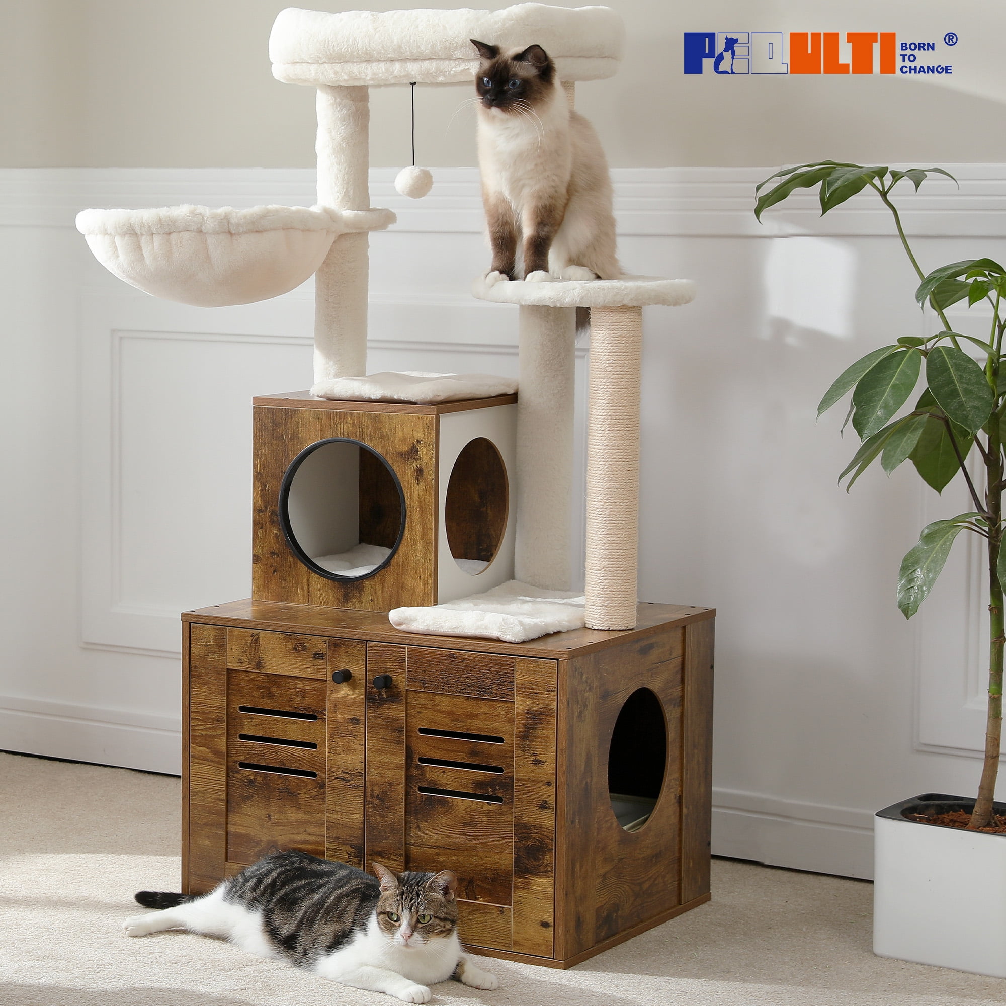 EnHomee Cat Tree for Indoor Cats Large Adult, Cat Tree with Litter Box Enclosure, Wood Cat Trees