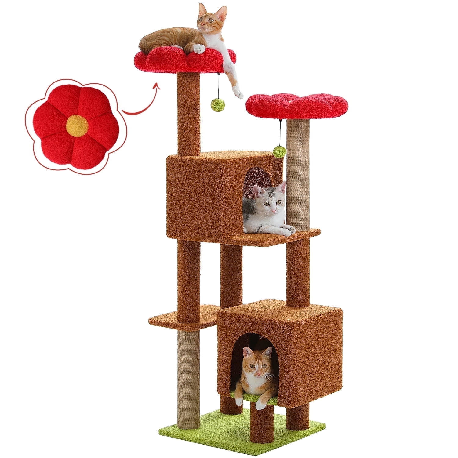 PEQULTI 52'' Flower Cat Tree for Indoor Pet Cute Cat Tower with Large Perch and Spacious Condo Brown