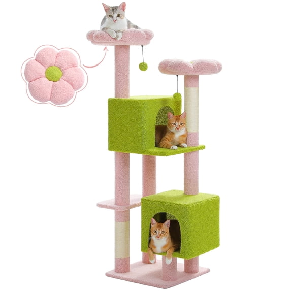 PEQULTI 52'' Flower Cat Tree for Indoor Cat Cute Cat Tower with Large Perch and Dual Condos Pink