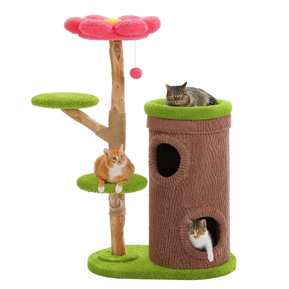 PEQULTI 53.5" Wood Cat Tree with Flower Perch&Large Solid Wood Scratching Post for Indoor Cat Brown