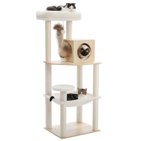 PEQULTI 56.3" Wood Cat Tree for Indoor Cat Cat Tower with Sisal Scratching Post and Large Hammock Beige