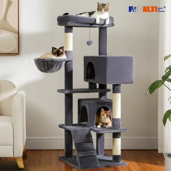 PEQULTI 56" Multi-Level Cat Tree with Double Condos and Sisal Post Large Cat Tower Indoor Dark Gary