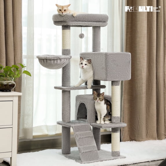 PEQULTI 56" Multi-Level Cat Tree with Double Condos and Sisal Post Large Cat Tower Indoor Light Gary