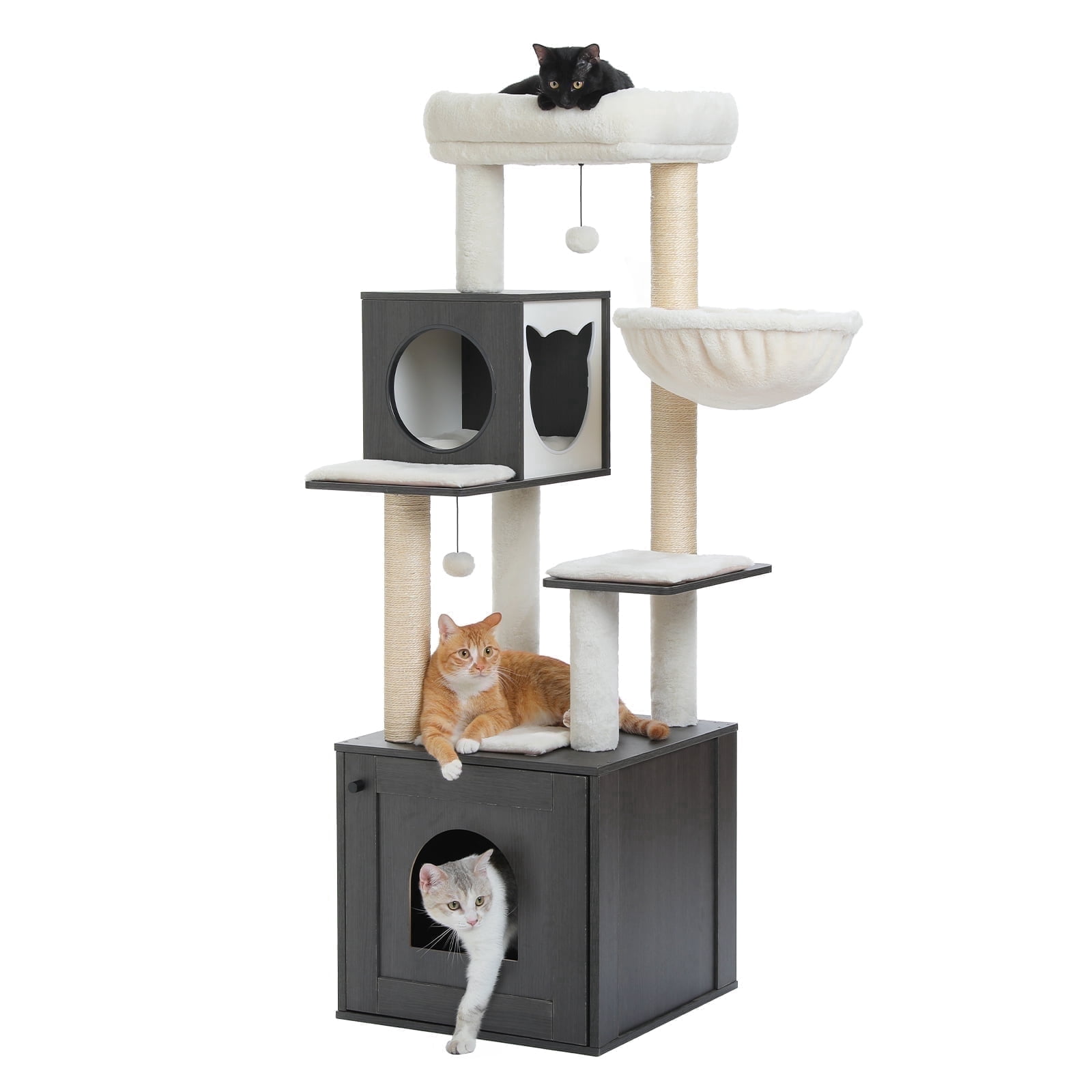 PEQULTI 57.5" Wood Cat Tree with Litter Box Large Cat Tower Indoor with Sisal Scratching Post Black