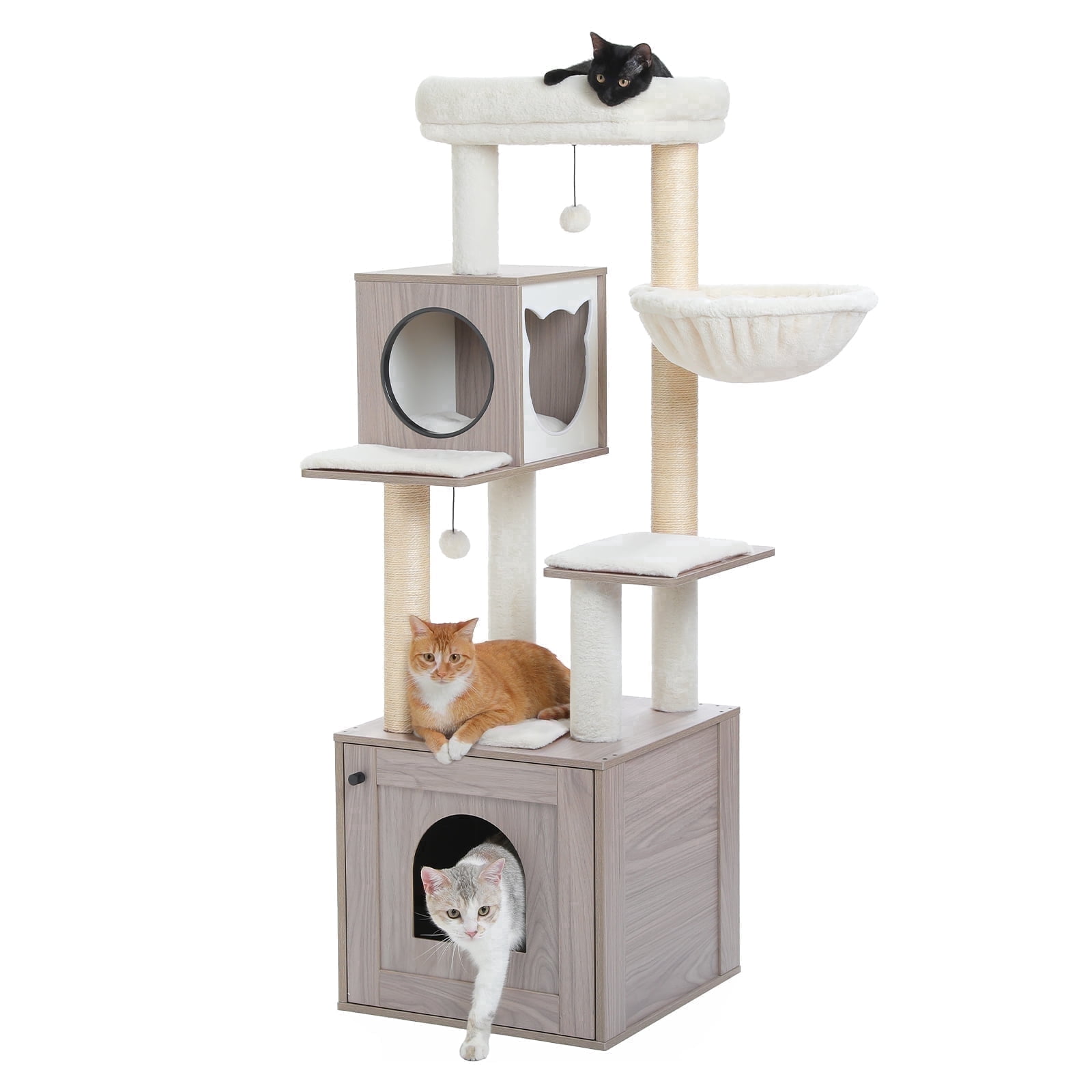 PEQULTI 57.5" Wood Cat Tree with Litter Box Large Cat Tower Indoor with Sisal Scratching Post Gray