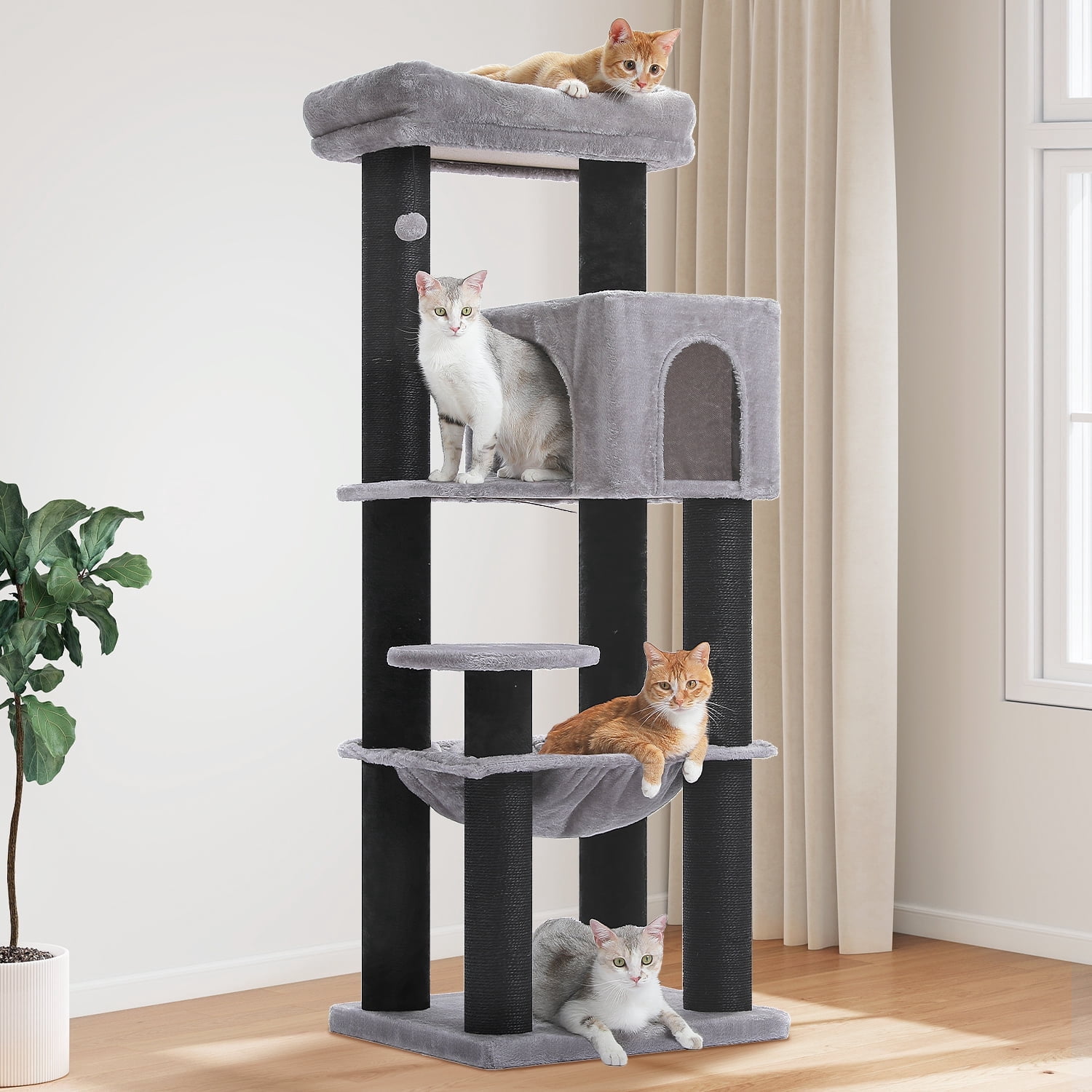 PEQULTI 58" Large Cat Tree with Spacious Hammock and Huge Condo Cat Tower for Indoor Cats Black