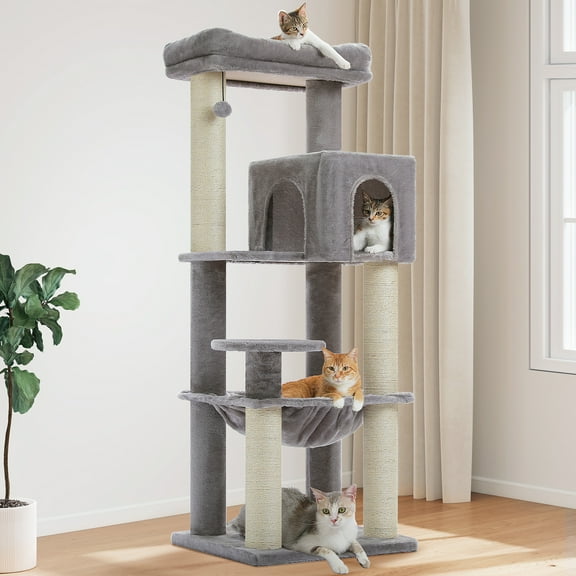 PEQULTI 58" Large Cat Tree with Spacious Hammock and Huge Condo Cat Tower for Indoor Cats Gray