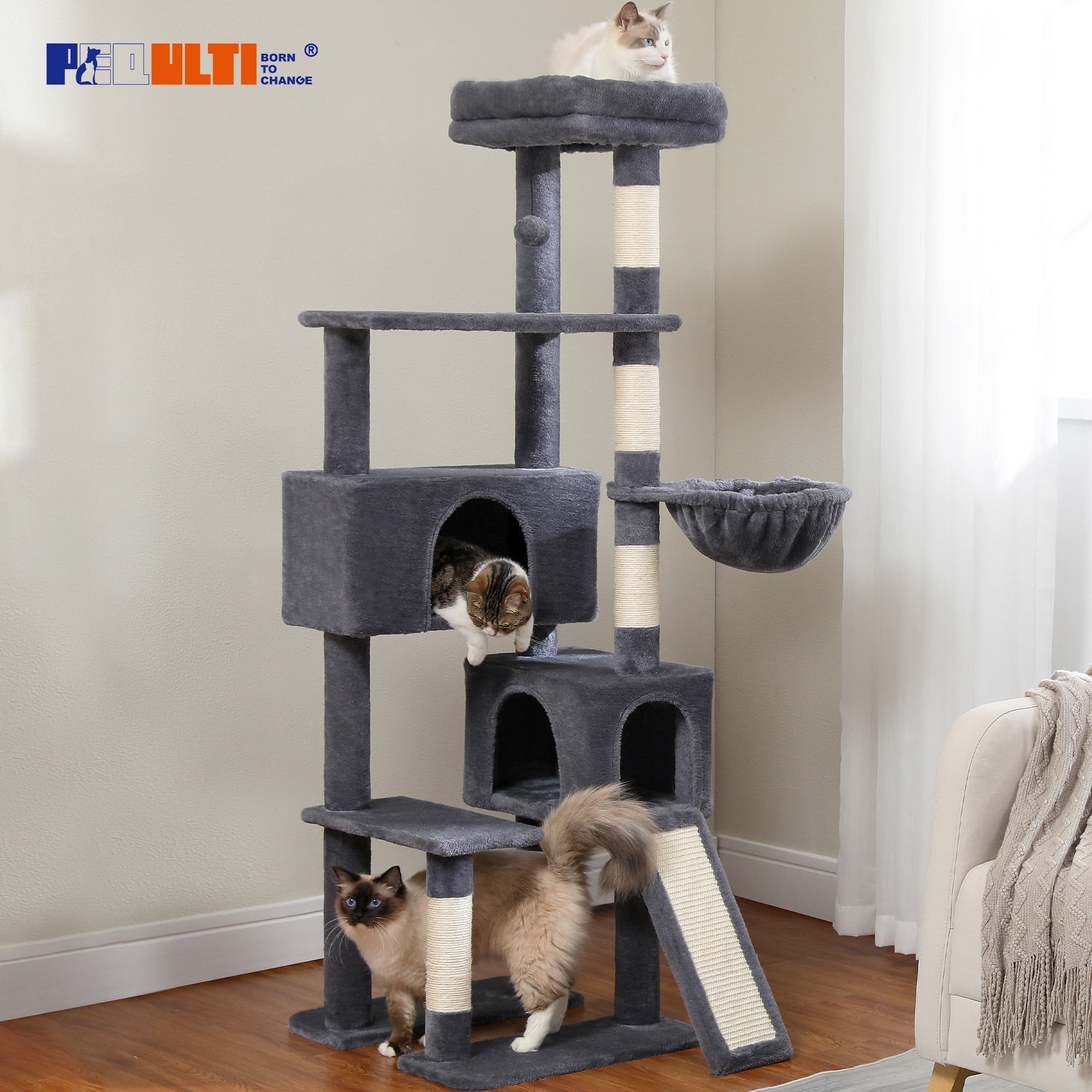 PEQULTI 61" Modern Cat Tree Large Cat Tower with Ladder and Dual Condos Indoor Dark Gray