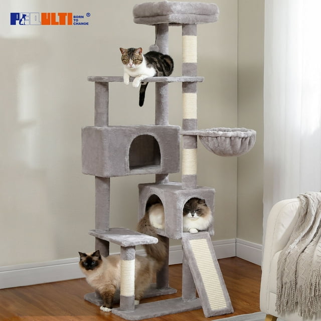 PEQULTI 61" Large Cat Tree Cat Tower with Ladder and Dual Condos for