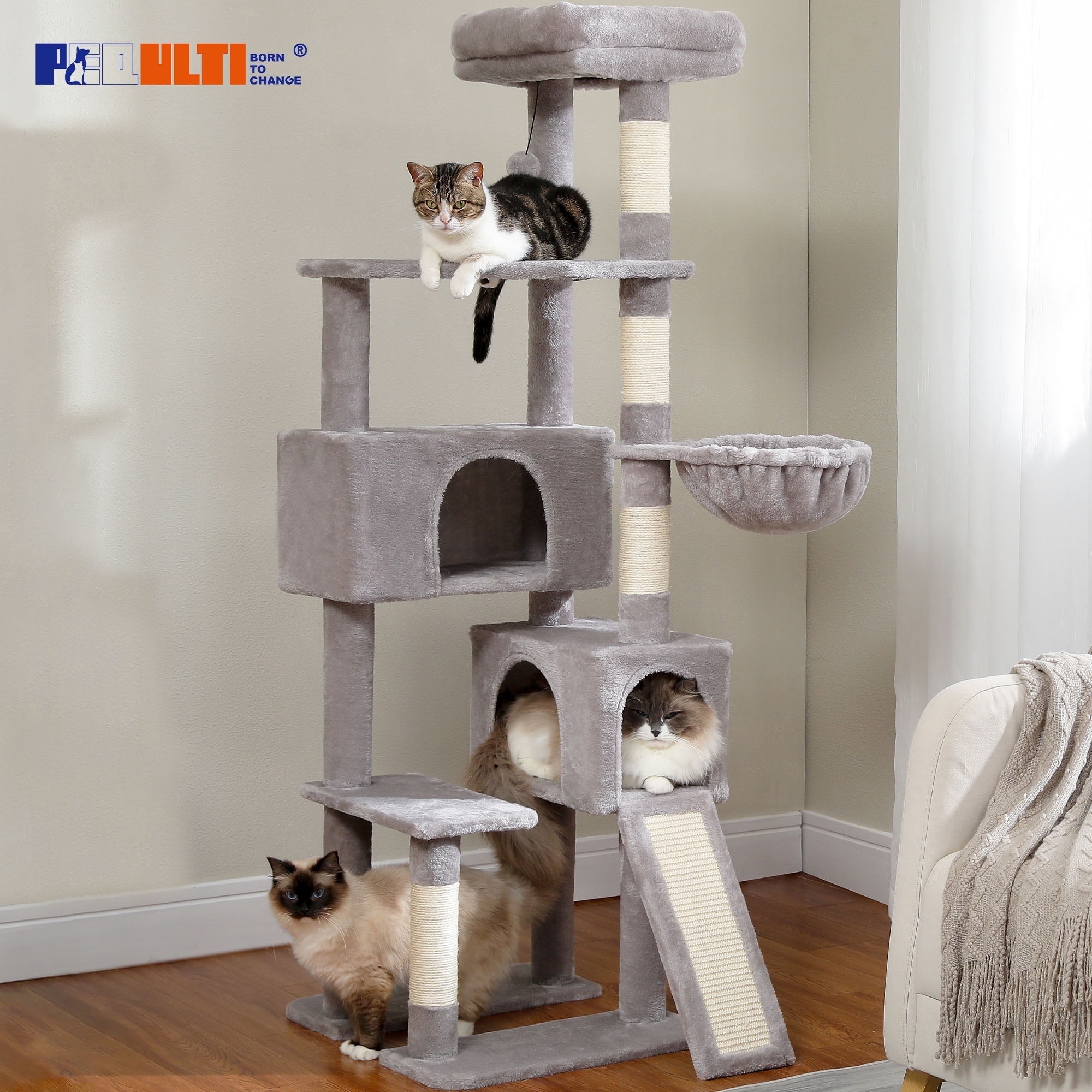 PEQULTI 61" Modern Cat Tree Large Cat Tower with Ladder and Dual Condos Indoor Light Gray