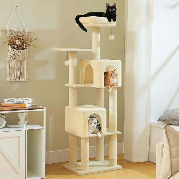 PEQULTI 62" Multi-Level Cat Tree with Condo & 4 Scratching Posts Large Scratcher for Indoor Cat Beige
