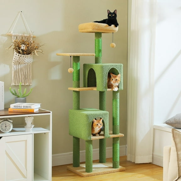 PEQULTI 62" Multi-Level Cat Tree with Condo & 4 Scratching Posts Large Scratcher for Indoor Cat Green