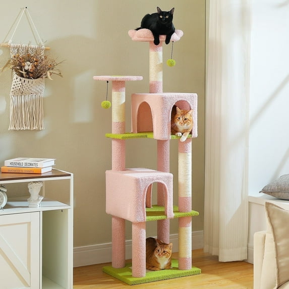 PEQULTI 62" Multi-Level Cat Tree with Condo & 4 Scratching Posts Large Scratcher for Indoor Cat Pink