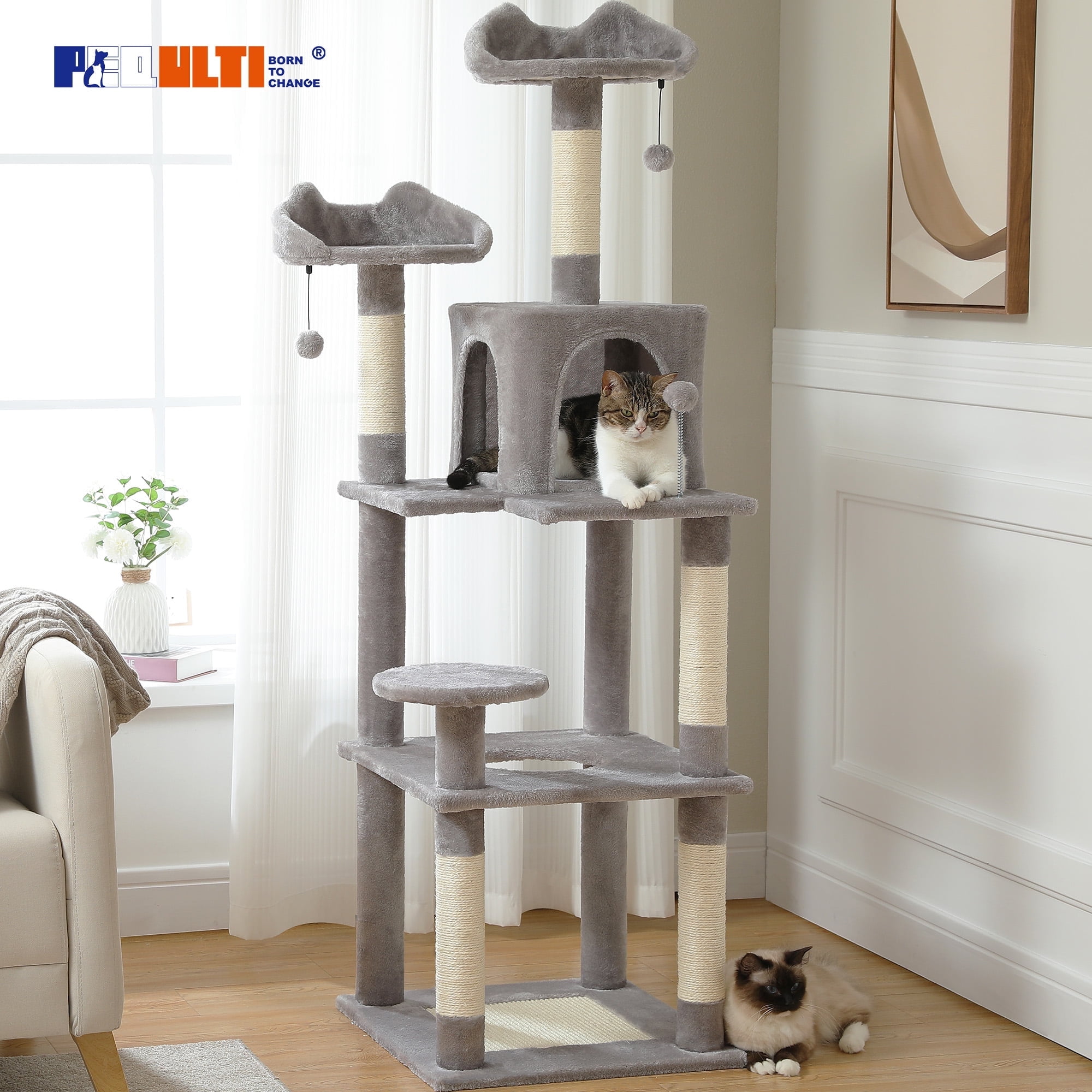 63'' Gray Multi-Level Cat Tree Tower with Sisal Scratching Posts