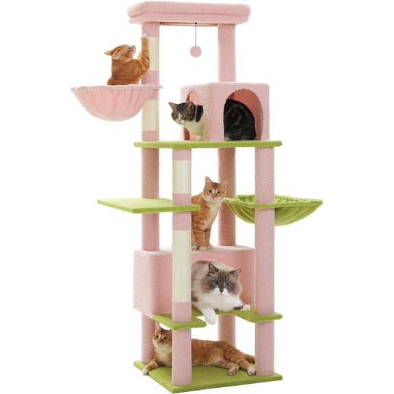 PEQULTI 66" Pink Cat Tree for Indoor Cats Large Adult, Cat Tower with Sisal-Covered Scratching Post, Super Large Metal Hammock[20''X12''] and 2 Big Condos, Pink