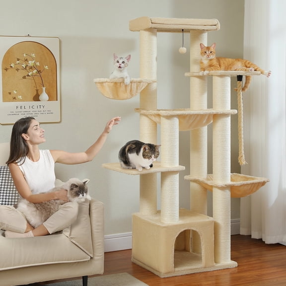 PEQULTI 67" Multi-Level Cat Tree with Super Large Scratching Posts Cat Tower with 3 Hammocks Beige