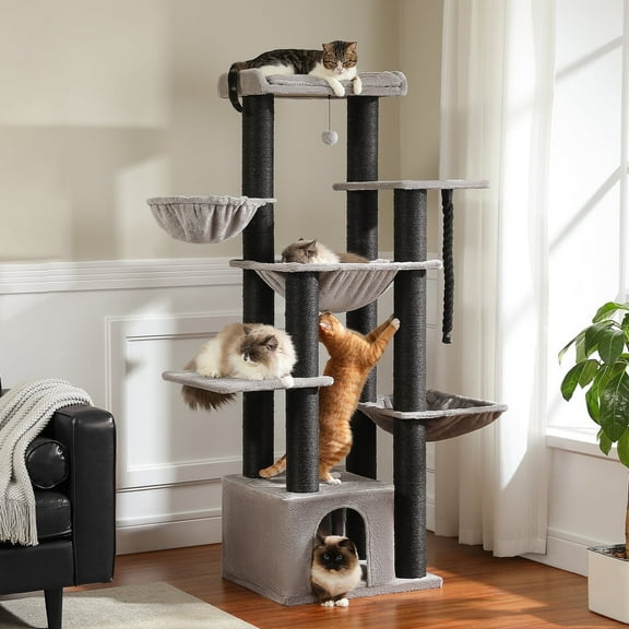 PEQULTI 67" Multi-Level Cat Tree with Super Large Scratching Posts Cat Tower with 3 Hammocks Black