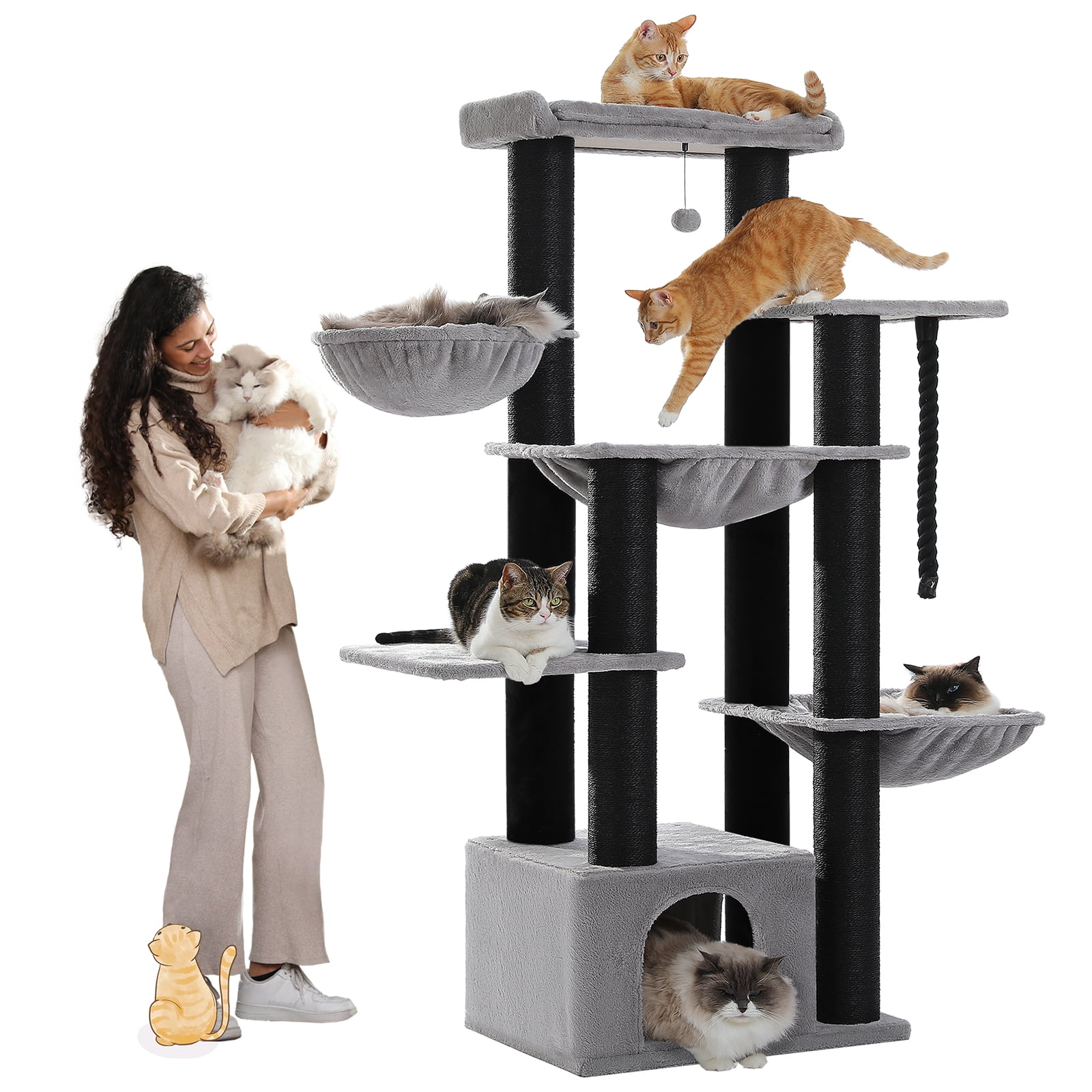 PEQULTI 67" Maine Coon Cat Tree Large Cat Tower for Indoor Cats with 8 Thick Scratching Post Black