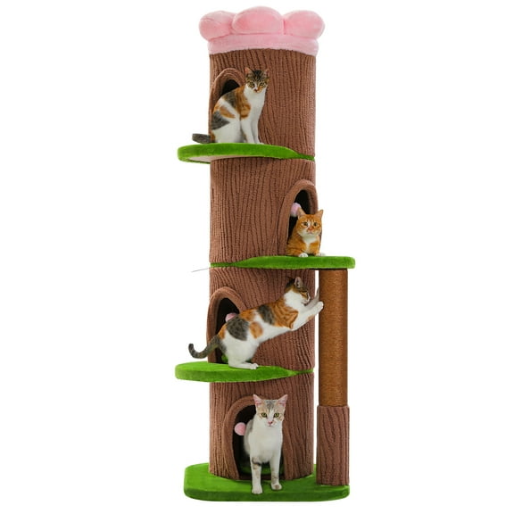 PEQULTI 68.5" Forest Cat Tree with 4 Condos & Flower Top Bed Cat Tower with Thick Scratching Post Brown