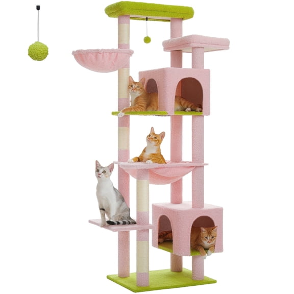PEQULTI 69" Multi-Level Cat Tree Cat Tower for Indoor Pet with 5 Scratching Post & Hammock Pink