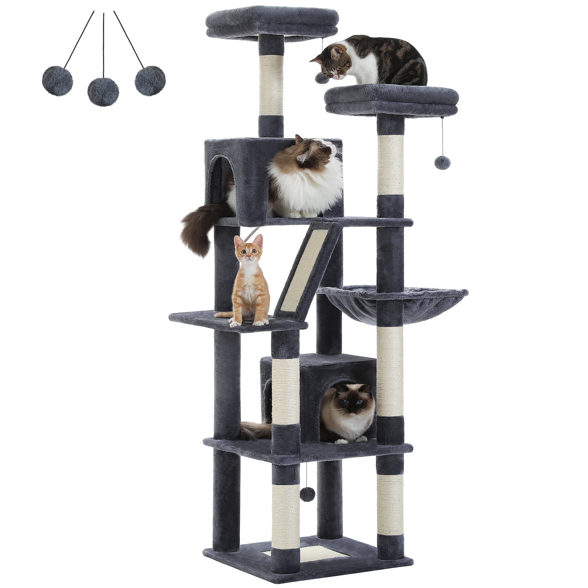 PEQULTI 71 " Large Cat Tree Tower for Cat with Dual Condos and 6 Scratching Posts Indoor Dark Gray