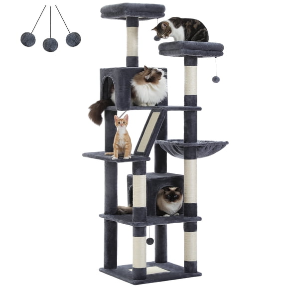 PEQULTI 71 " Large Cat Tree Tower for Cat with Dual Condos and 6 Scratching Posts Indoor Dark Gray