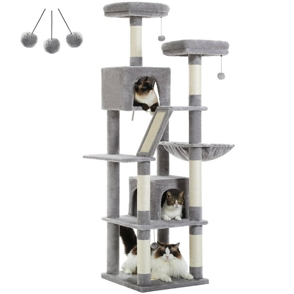 PEQULTI 71 " Large Cat Tree Tower for Cat with Dual Condos and 6 Scratching Posts Indoor Gray
